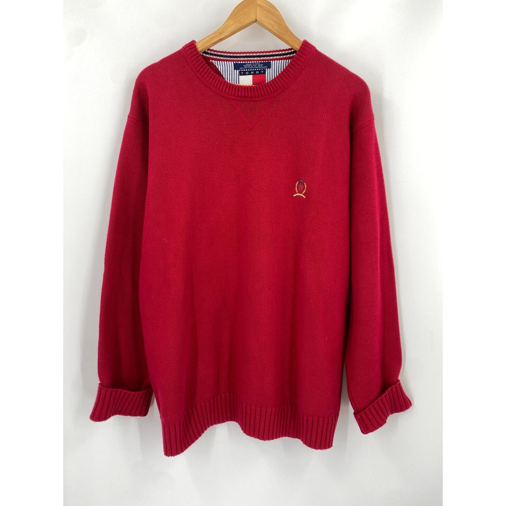 VIntage Tommy Hilfiger Sweater Mens Large Red Crew Neck Long Sleeve Cotton Knit